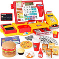 Cash Register for Kids with Scanner Realistic, Pretend Play Toy Cash Register with Fast Food/Fake Money/Credit Card/Calculator/Microphone Gift Ideas for Toddlers Girls Boys 3-5 4-8, Yellow