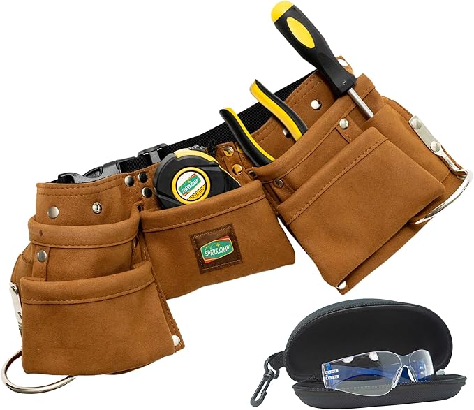 SparkJump Kids Brown Tool Belt, Adjustable Leather Tool Belt for Toddlers and Kids, Dress-Up Construction Costume for DIY Woodworking and STEM Learning