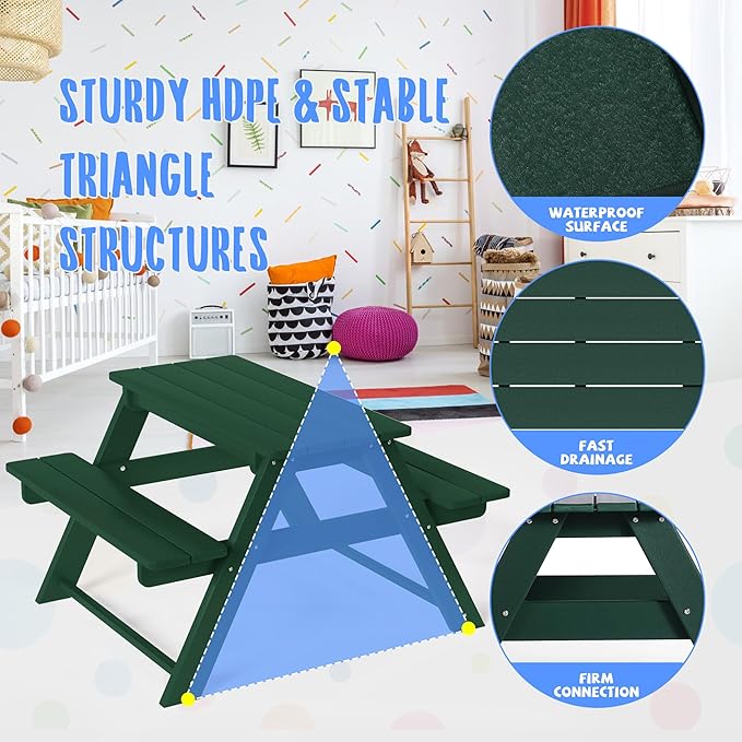 Costaelm Kids Picnic Table, HDPE All Weather Outdoor Toddler Picnic Table and Chair Set Kids Bench for Patio, Backyard, Garden, Lawn, Dark Green