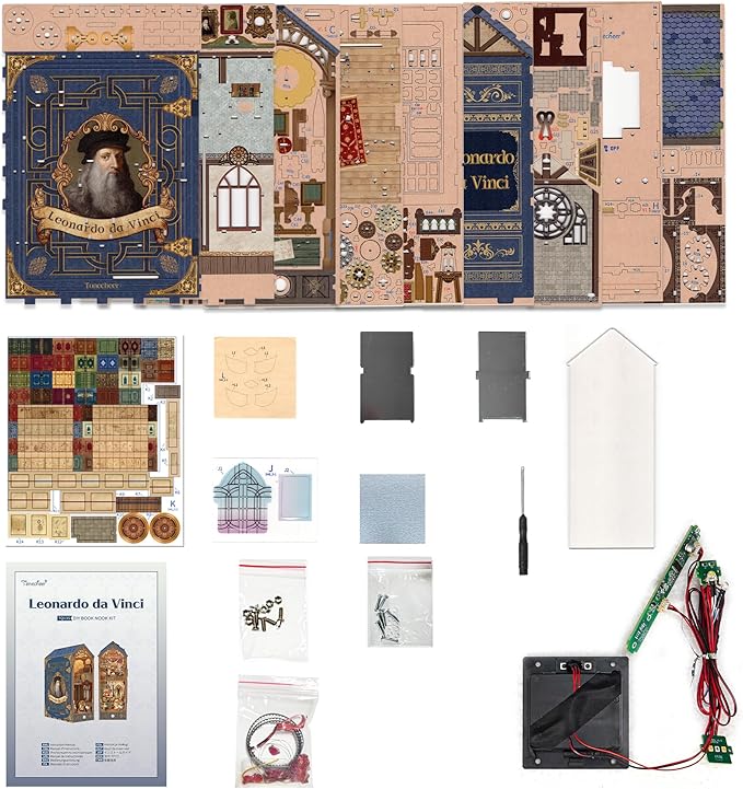 Tonecheer DIY Book Nook Kit for Adults, 3D Puzzle Wooden Miniature House Kit, Booknook Dollhouse Bookshelf Insert Decor Bookend with Dust Cover and LED Lights Gifts (Leonardo da Vinci)