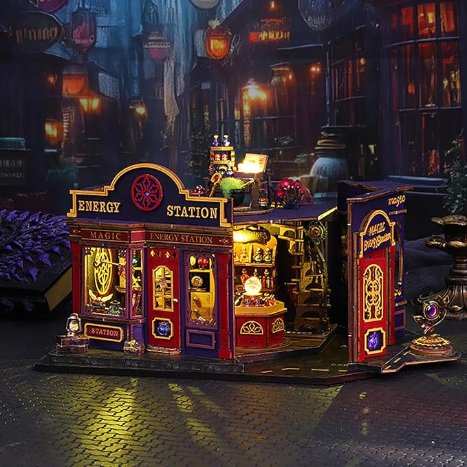 DIY Book Nook Kit - DIY Miniature Dolls House Kit with Furniture and LED Light, 3D Puzzle Wooden Art Bookends, Model Kits for Adults to Build (Magic Energy Station)