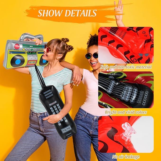 80s 90s Party Supplies, Photo Booth Props for 90s 80s Party Favors, Retro Glasses, Inflatable Boombox Radio Mobile Phone Guitar Microphone, Hip Hop Theme Retro Neon Party Supplies