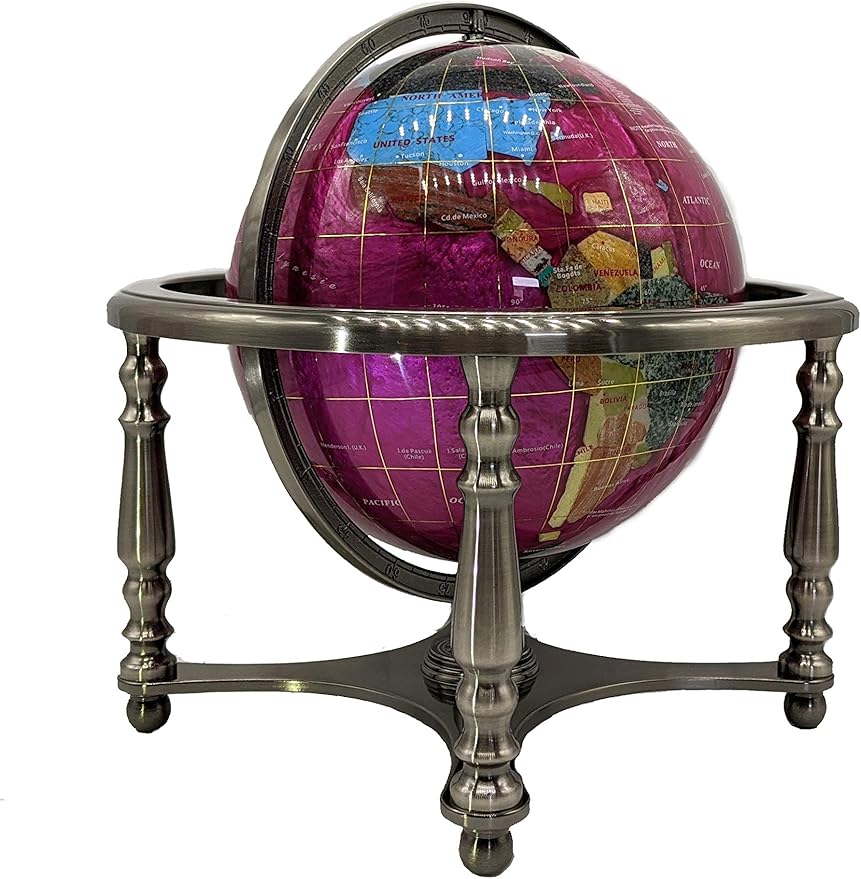 Limited Edition! Unique Art Since 1996 Pink Pearl Swirl Table Top Gemstone World Globe with Silver Zinc Alloy Stand (220MM/9 INCHES 4 LEG/PINK PEARL)