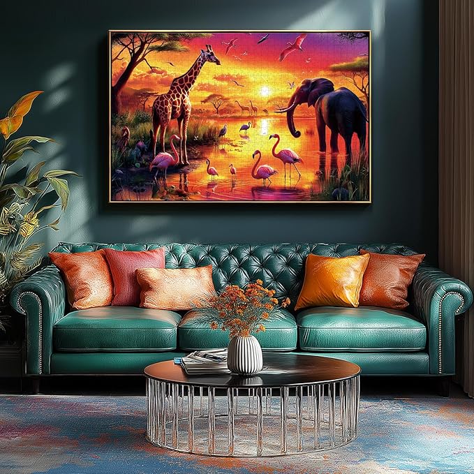 Animal Jigsaw Puzzles for Adults 500 Pieces Nature Wildlife Scene with Elephants Lion Tiger Giraffes Flamingos Puzzle Family Challenging Funny Puzzle Perfect for Game Nights(21"x15")