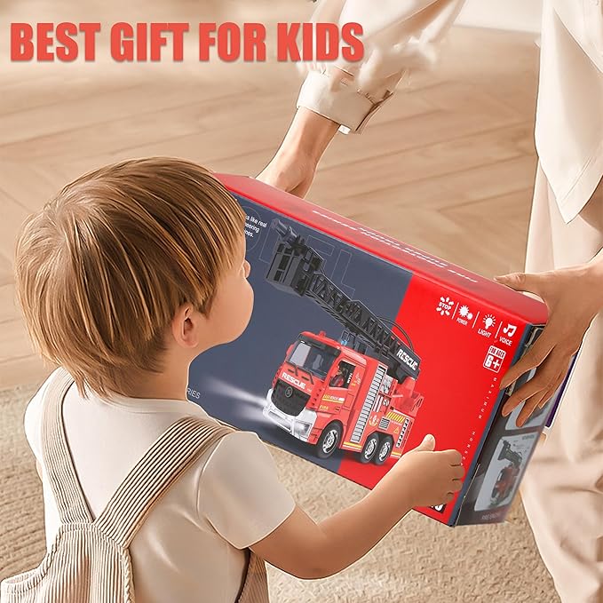 Remote Control Fire Truck Toy - Fireman Fire Truck with Jet Pump and Lights, Red Toy for 3 Year Old Boys, Girls and Toddlers