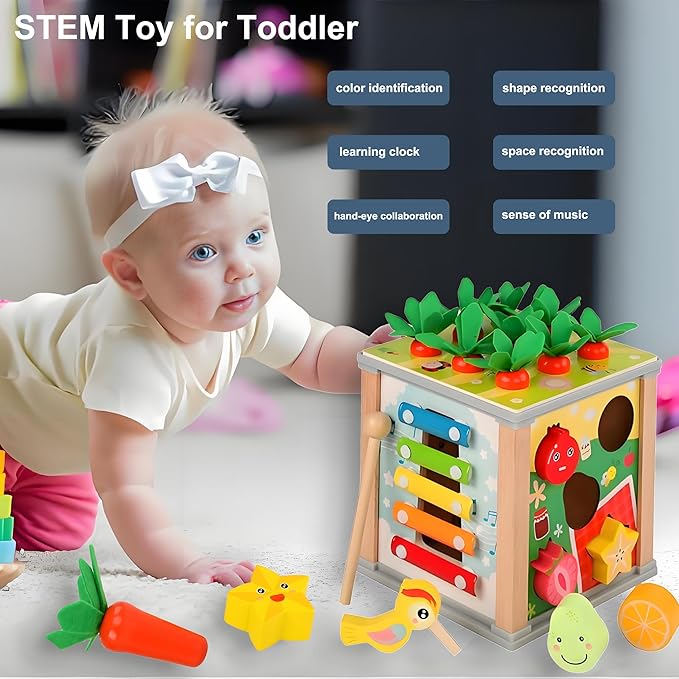 Wooden Baby Activity Cube,Montessori Developmental Toddler Educational Learning Toys, Sorting & Stacking Game