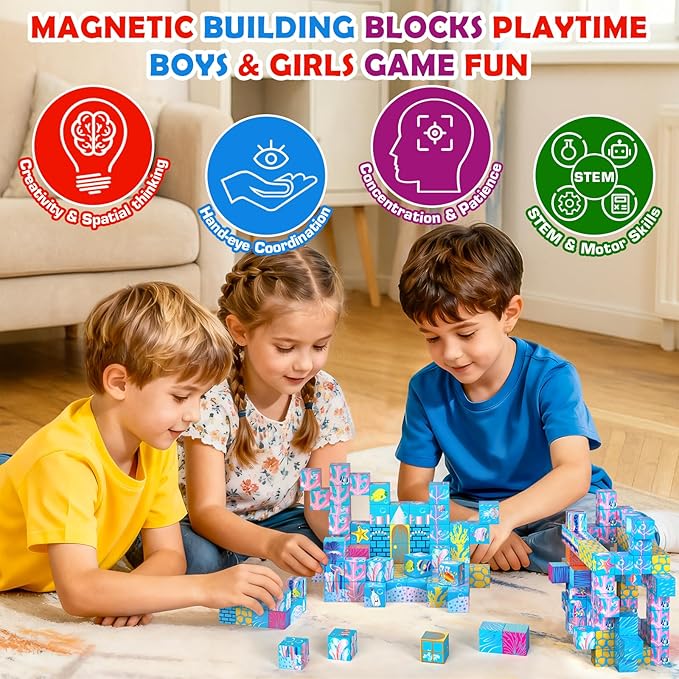 Glow-in-the-Dark Magnetic Building Blocks & & Tiles, 2025 Upgraded STEM Montessori Construction Toys, Ocean World Magnet Cubes, Christmas Birthday Gifts for Kids, Boys Girls Toddlers Ages 3-5 4-8 8-12