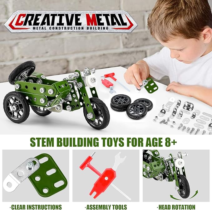Creative Sets Building Toys Motor Tricycle Set-139 Pieces DIY Building Stem Projects Toys for Kids Boys Ages 8-12,Metal Building Toys Set Gifts for Model Military Motorcycle Fans