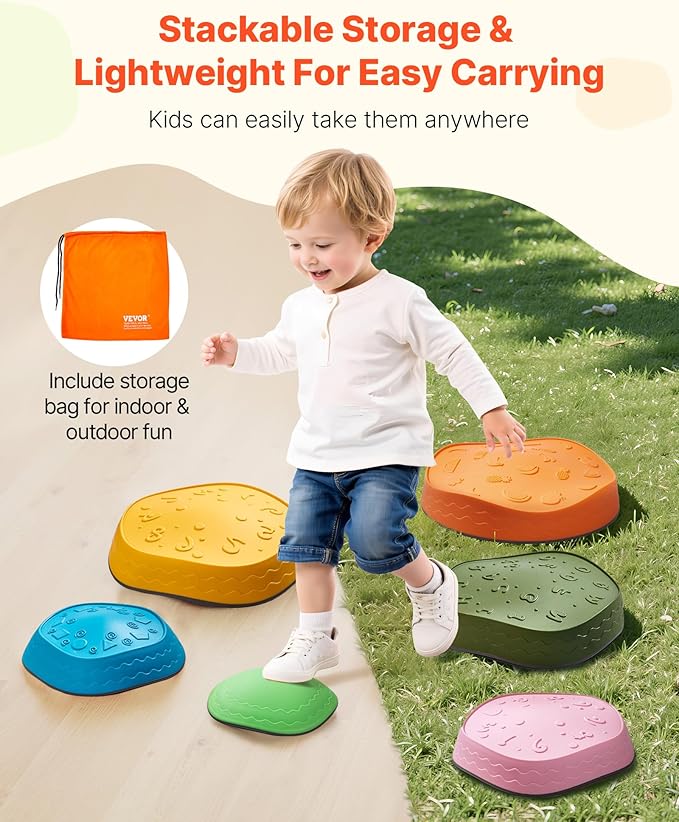 VEVOR Balance Stepping Stones for Kids, 6 PCS, Up to 220 lbs, Non-Slip Toddlers Sensory Stepping Stones, Obstacle Course Coordination Game Toys Indoor or Outdoor Play for Children Aged 3 4 5 6 7 8+
