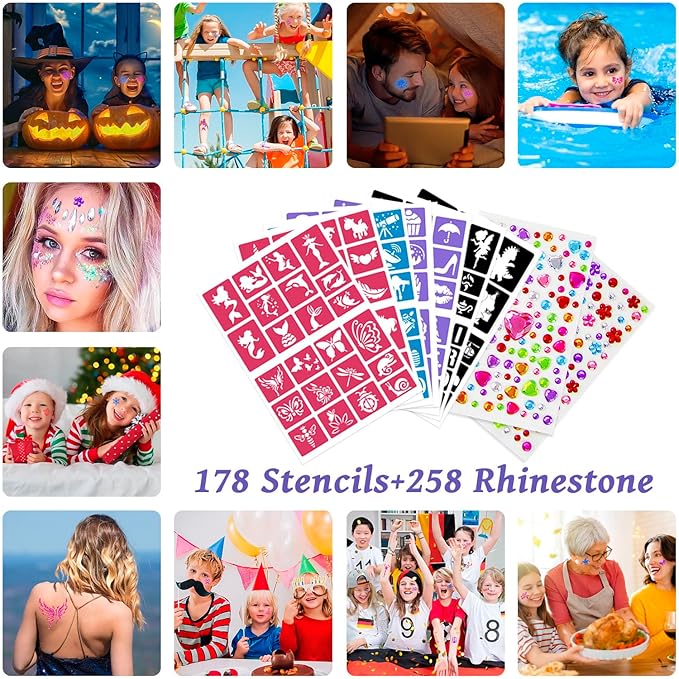 Temporary Glitter Tattoos Kids,50 Glitter Colors and 6 Fluorescent Colors,178 Stencils,2 diamond stickers,3 Glue,5 Brushes,Adults and Kids Arts Glitter Kit,Wonderful Holiday Gifts for Girls & Boys.