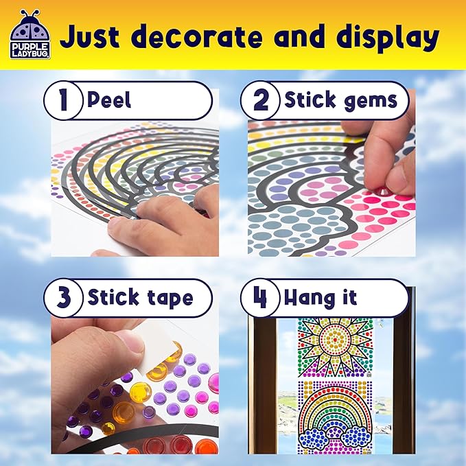 PURPLE LADYBUG SUNGEMMERS Window Gem Art Suncatcher Kits - Christmas Stocking Stuffers for Kids 8-12, Birthday Gifts for Girls & Boys, Crafts for Ages 4-10, Fun DIY Art Kit for Kids 6-12