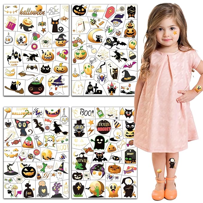 Halloween Temporary Tattoo, Pumpkin Bat Cat Ghost Witch Skull Cross Grave Fake Tattoos for Kids Women Men, 125 Styles Temporary Tattoos for Halloween Party Supplie Party Favors for Boys Girls