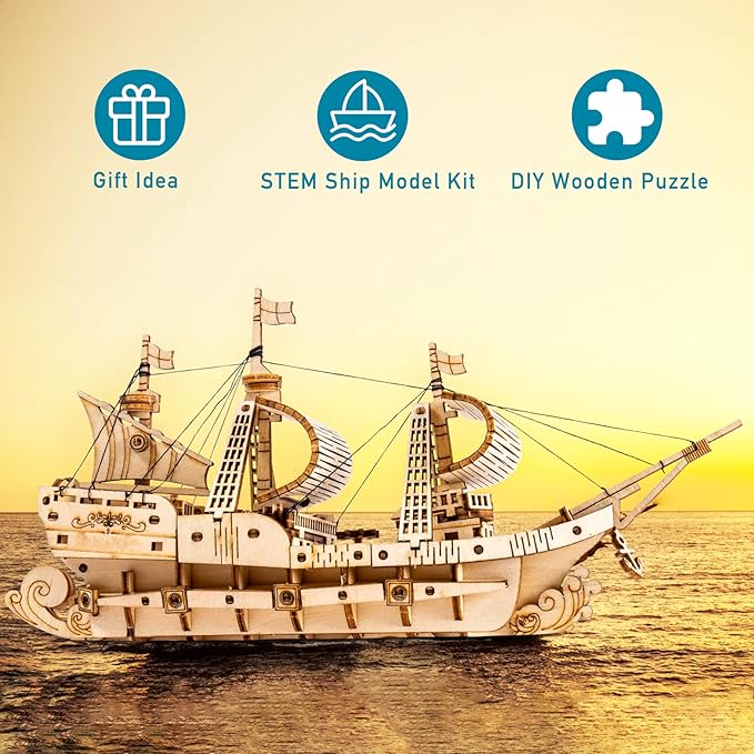 RoWood 3D Wooden Puzzle for Adults, Vintage Wooden Watercraft Model Sailboat Kit to Build, Best Gift Ideas Crafts Kit for Adults - Sailling Ship