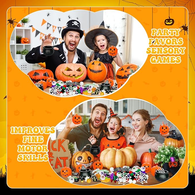 243 Pcs Halloween Sensory Bin Filler Sensory Bin Items Fine Motor Tools Counting Sorting 150 Pom Pom 75 Resin Pumpkin Witch Hat Skeleton Hand Ghost for Halloween Sorting Counting Training
