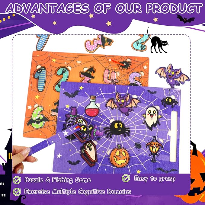 2Pcs Halloween Wooden Peg Puzzles Toys Magnetic Wooden Fishing Game for Toddlers Educational Puzzle for Years Old 3-5 Boy Girl Kid Halloween Basket Stuffers Fillers Gifts