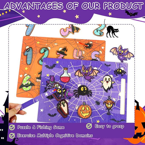 2Pcs Halloween Wooden Peg Puzzles Toys Magnetic Wooden Fishing Game for Toddlers Educational Puzzle for Years Old 3-5 Boy Girl Kid Halloween Basket Stuffers Fillers Gifts