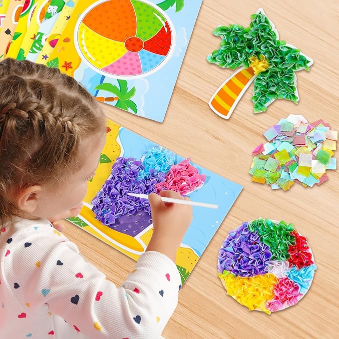 8PCS Poke-in Craft and Art Kit for Kids Summer Theme No-Mess Fabric Sewing Art Girls Boys 4-12 Puzzle Puncture Painting DIY Beach Hawaiian Toy Gift for Creative Activity Game Birthday Party