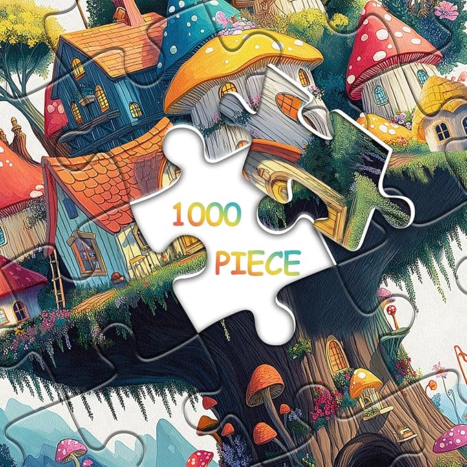 Mushroom Puzzles for Adults 1000 Pieces, Magic Mushroom Treehouse Puzzle Fantasy, Colorful Art Jigsaw Puzzle, Challenging Hard Puzzles for Adults
