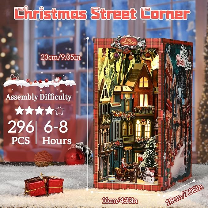 DIY Miniature House Kit, Mini House Building Kit, DIY Book Nook Kit, Tiny Model House for Adults to Build, Beginner 3D Wooden Book Nook, for Family Friends (Christmas Corner)