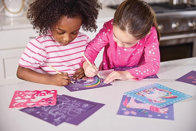 Crocodile Creek Unicorn Sparkle Scratch Art for Kids - 16-Sheet Scratch Art Set with 10 Themed Sheets, 5 Blank Sheets, Stencil, and Stylus - Thoughtful Stocking Stuffers, Gifts, Art Supplies for Kids