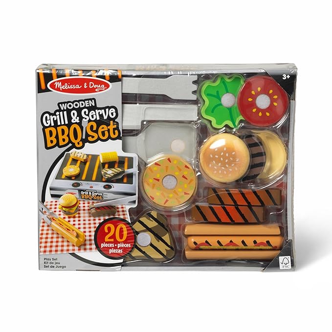 Melissa & Doug Grill and Serve BBQ Set with Pretend Play Toy Food & Kids Play Kitchen Accessories, Preschool Learning Toys for Girls & Boys 3+