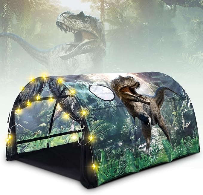 Dinosaur Bed Tent for Kids Large Kids Twin Tent Toddler Play Bed with Carry Bag Foldable with String Lights for Girls Boys Bedroom Indoor Games