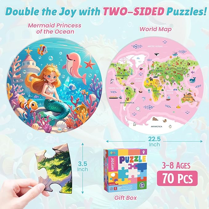 ELX 70 Piece Large Floor Puzzle for Kids Ages 4-8,Mermaid Princess & World Map Jigsaw Puzzles,Double-Sided Ocean Round Puzzles for Toddlers,Educational Toys for 4-8 Year Old Boys&Girls (22.5 Inch)