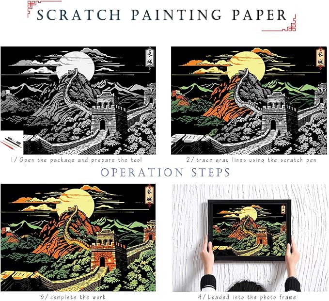 Scratch Art for Adults & Kids-Scratch Painting Craft Kit (16x11 in)|Foil Engraving Art Set|Stress Relief Gift for Travel Lovers,Craft Lovers|Creative Scratch Art Home Decor(Great Wall&Blue Mosque)