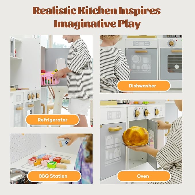 CoziBB Wooden Pretend Play Kitchen Set, Realistic Oven Faucet Microwave Ice Maker BBQ, with Lights & Sounds Features, 21 Accessories, Toys Kitchen for Kids Children Boys Grils, Gift for Ages 3+