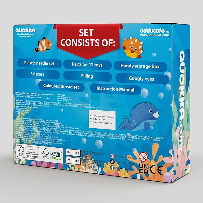 QUOKKA Kids Crafts Ages 4-8, DIY Beginner Needle and Thread Kit - 12 Sea Animals Sewing Kit Basic - Fun Arts Crafts for Kids Ages 6-8 Girls Boys - Plastic Needles, Scissors - 6+ Year Old Girl Gifts