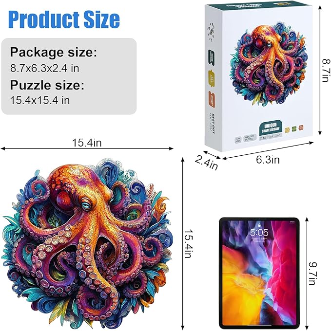 Wooden Jigsaw Puzzle 500 Pieces for Adults - Vibrant Colorful Octopus Art Puzzle, Challenging Family Leisure Game, Unique Home Decor & Gift Idea