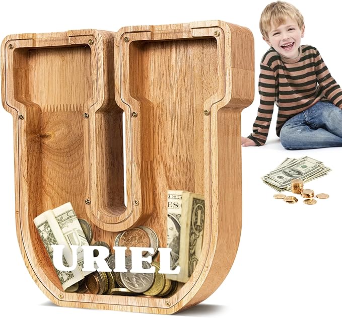 KMC Wooden Letter Piggy Bank, Personalized Initial Piggy Bank for Kids Boys, Clear Alphabet U Wood Money Box, Unbreakable Coin Saving Jar, Birthday, for Children