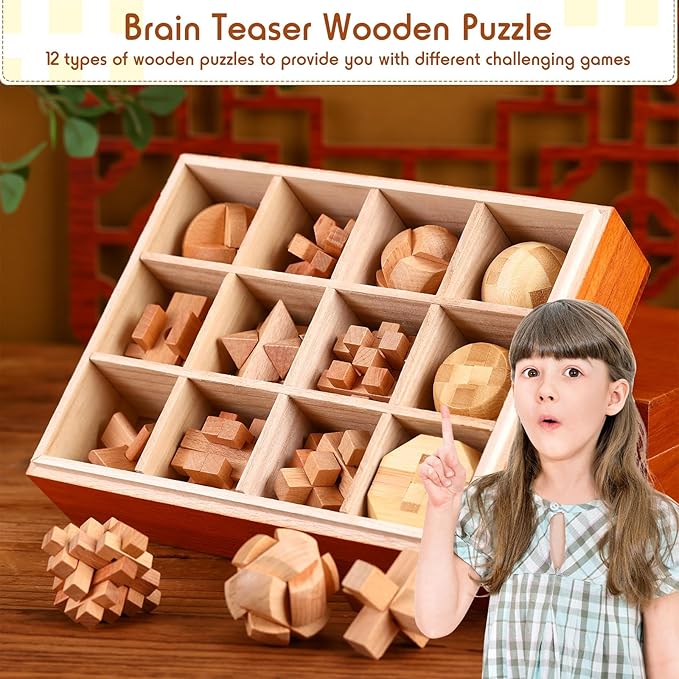 Yilloog 12 Pcs Wooden Brain Teaser Puzzles Set, Educational Games 3D Wooden Puzzle, Logic IQ Mind Challenging Puzzles for Adults Kids Christmas Birthday Gifts