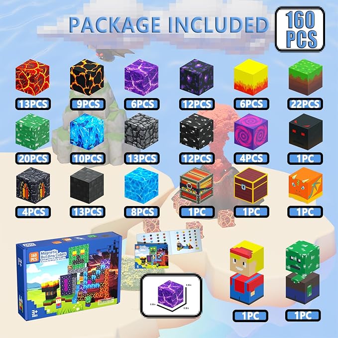 160PCS Magnetic Blocks, Magnet Building Cube, Build 3D Volcano Adventure Set, Montessori Sensory Toys for Kids Ages 3+, Preschool STEM Educational Toys, Christmas Birthday Gifts for Boys & Girls