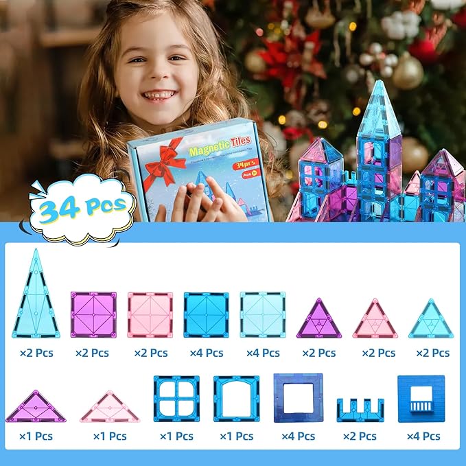 Magnetic Tiles Building Blocks for 3 4 5 6 7 8+ Years Old Boys Girls Colorful Magnet Stacking Toys Birthday Gift for Toddlers STEM Preschool Educational Construction Tiles Set for Kids (Blue)