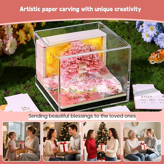 3d Calendar 2026,Hand Tear DIY Art 3d Calendar,Perfect Combination Of Artistic And Practical Design With Lights,Suitable For Note Taking,Decorative Ornaments,Holiday Gifts (huahai-Pink)