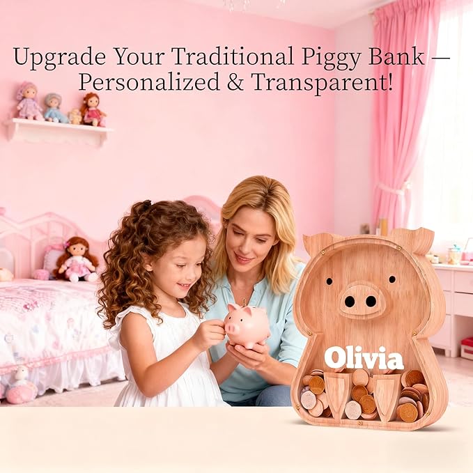 Personalized Wooden Piggy Bank for Kids, Custom Name Cute Wood Bank Large for Boys Initial Coin Bank Personalized Wood Money Save Box for Birthday Christmas and Festival