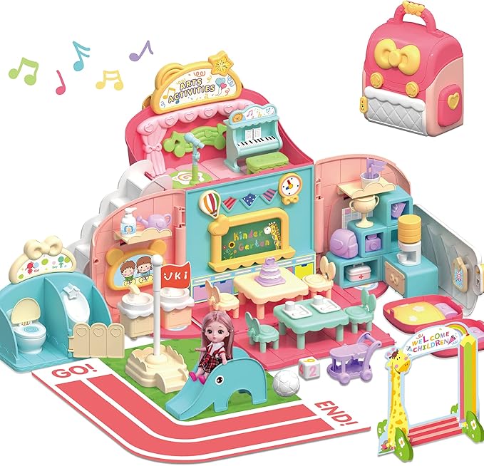 iPlay, iLearn Backpack Dollhouse Playset for Girls 3-5, Kids Pretend Play Doll House Set W/ Portable Backpack, Dolls, School Accessories, Birthday Gifts for 4 5 6 Year Olds Children Toddlers