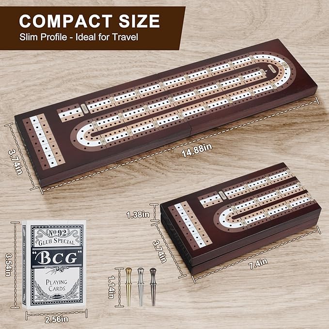 Cribbage Board Game Set, Premium Wooden Board with Magnetic Lock and Built-in Storage, Deck of Cards & 9 Metal Pegs, Fun 2–3 Player Travel Game for Adults and Family
