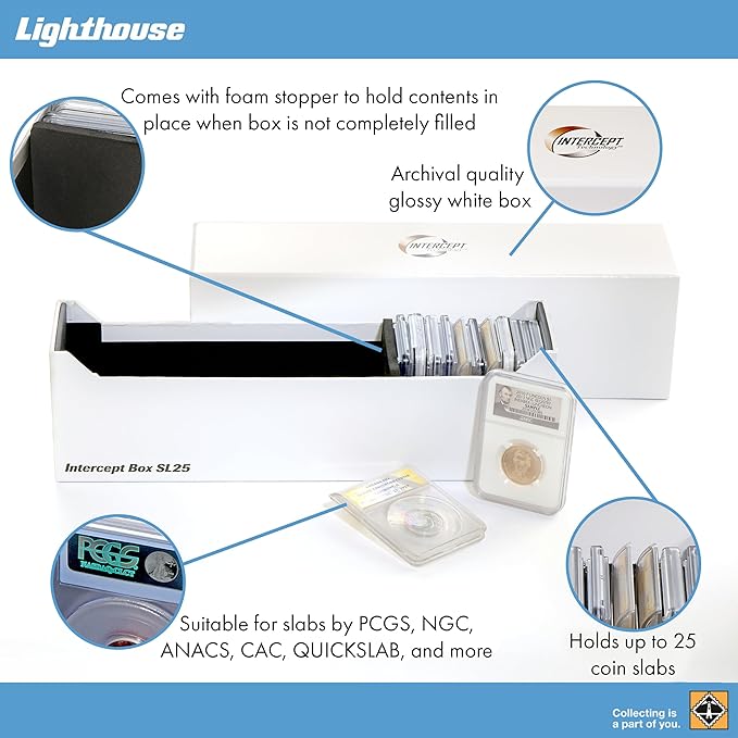 LIGHTHOUSE - Storage Box SL 25 for 25 Coin Slabs Including PCGS, NGC, ANACS with INTERCEPT TECHNOLOGY Corrosion Protection (12 1/2" x 3" x 3 3/4")
