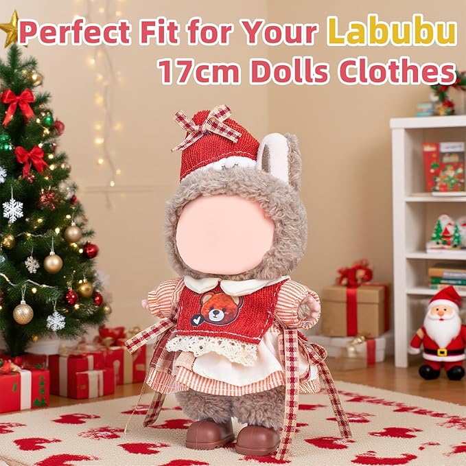 17cm Doll Clothes Set (No Doll), 4 Pieces Outfit Set for 6.7inch Dolls Suit, Fashion Christmas Clothes Accessories Dress-Up,Includes—Christmas Hat + Dress + Bear Vest+ Shoes(Style F)