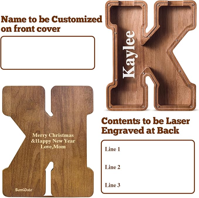 Summidate Customized Name Large Wooden Piggy Bank for Kids Boys Girls Alphabets Letter A-Z Coins Bills Money Change Bank Box Initial on Clear Cover (Laser Engraved) (Alphabet-K, Personalized-12)