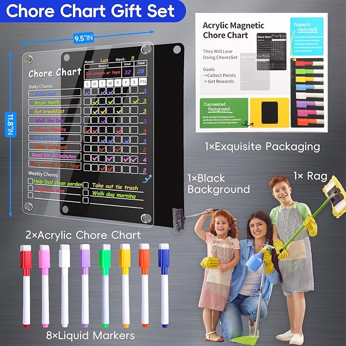 Acrylic Magnetic Chore Chart for Kids & Adult，12" x 9.5" Behavior Responsibility Reward Chart，at Home Clear Dry Erase Refrigerator Board for Multiple Kids & Teens(w/ 8 Markers & Towel)