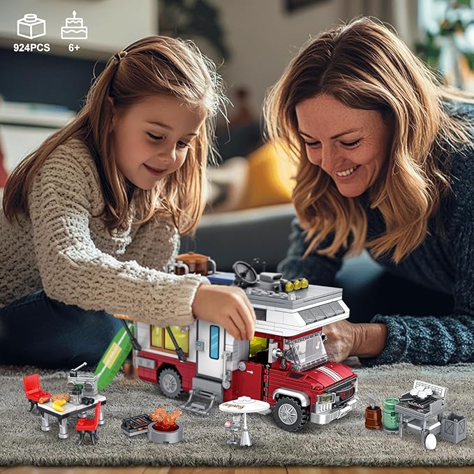Camper Van Building Set, Compatible with Rvs Camper Vehicles, Summer Beach Holiday Camping Car Building Toy with Light, Gift for Adults and Boys Girls Kids Teens 8-12 (924 PCS)