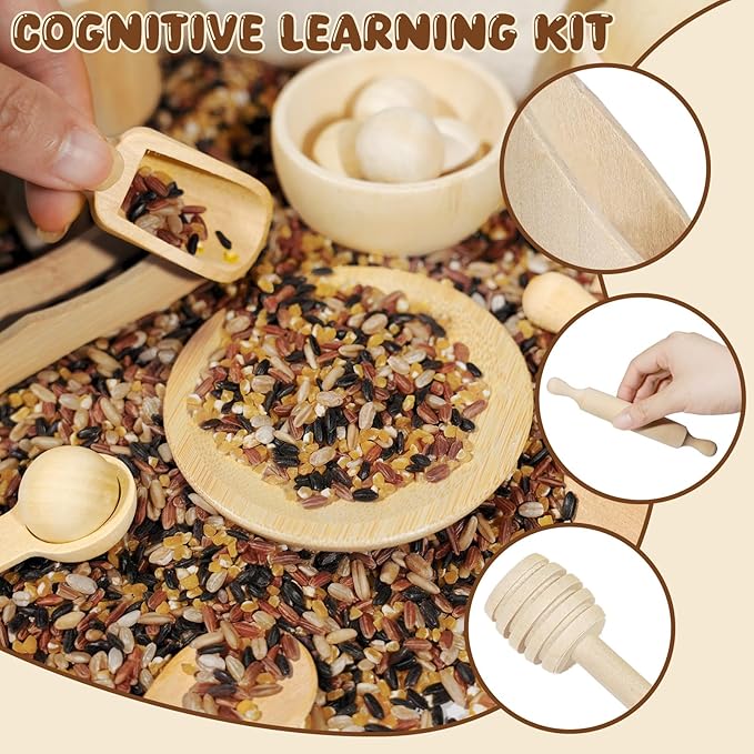 Hiawbon 25PCS Wooden Sensory Bin Tools, Wooden Tool Set, Sensory Bin Filler with Storage Bag, Bin Scoops Roller Tweezers Tongs Cups for Counting Sorting Hammering Pounding
