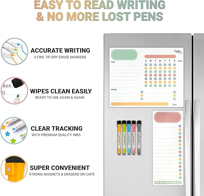 Magnetic Chore Chart Set for Multiple Kids & Adults - 4pcs Dry Erase Boards - Memo Sheet & To-Do List Whiteboard - Family Fridge Organizer - 5 Fine Tip Markers - Reward Good Behavior & Responsibility
