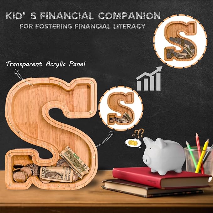 Wooden Letter Piggy Bank for Kids Larger Letter Piggy Bank for Boys and Girls Personalized Piggy Bank Initial Coin Bank Wood Kids Money Bank for Birthday and Festival