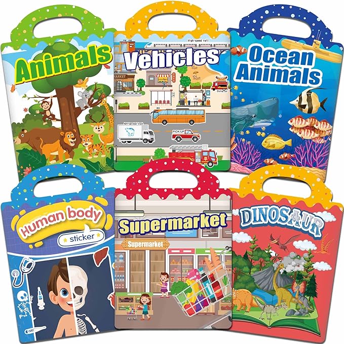 6 Sets Reusable Sticker Books for Toddlers, Jelly Sticker Books for Toddlers, Toddler Travel Toys for Kids 3 4 5 Year Old Girls Boys