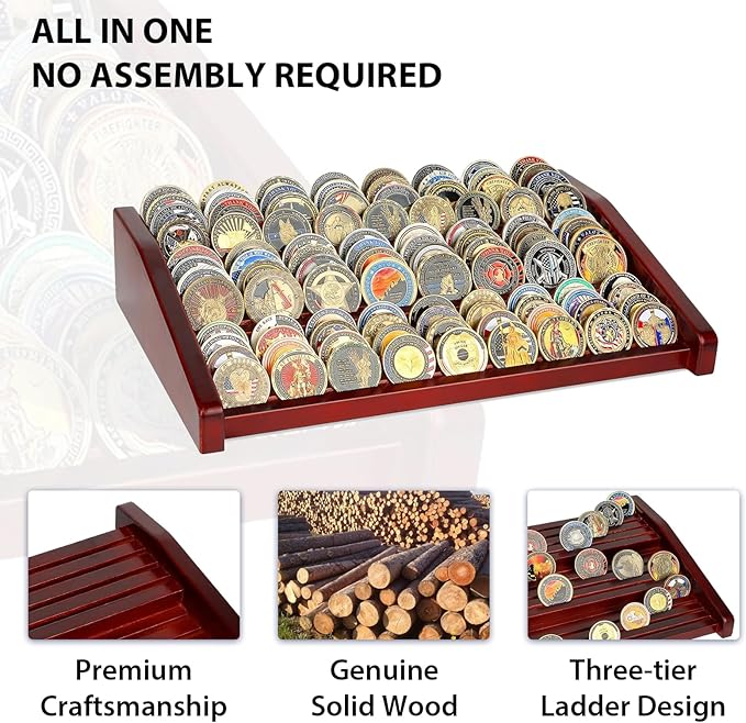 Challenge Coin Holder Display Case - 3 Tiers Solid Wood Military Coin Rack for 80-100 Coins, Army Coin Stand for Desk Display, Mahogany