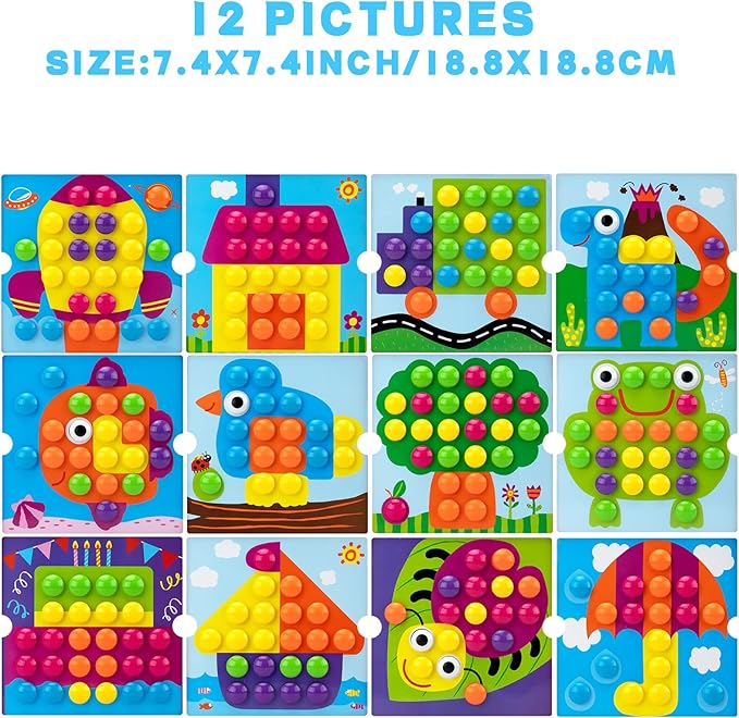 Button Art Toys for Toddlers, Color Matching Mosaic Pegboard for Age 3-5,Early Preschool Learning Activity Button Crafts Educational Toys, Fine Motor Skills Game, Gifts for Boys & Girls 3+